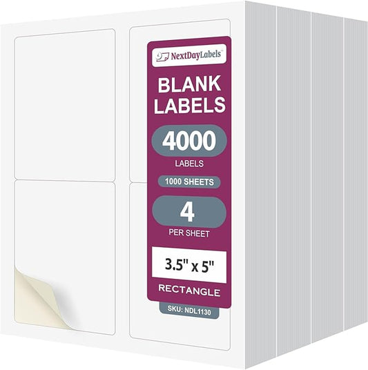 NextDayLabels 3.5x5 Inch Rectangle Stickers White Blank Labels for Laser Inkjet Printer - 4 Per Sheet Self-Adhesive Shipping Address Mailing Made in USA - 4000 Labels