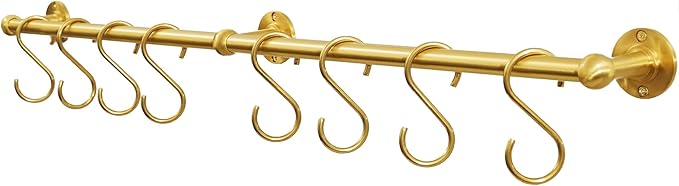 SRYBLT 31.0 Inch Brass Pot Rack with Hooks,Wall Kitchen Mounted Organizer,Segmented RailHanging Rack for Kitchen Wall Rail with Hooks