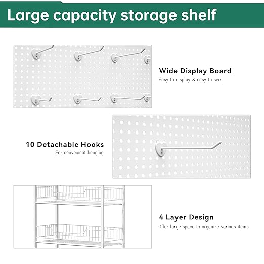Retail Candy Snack Display Rack, 4-Tier Black Metal Storage Shelf Brackets with Wheels & Hooks Multifunctional, Home Theater Concession Stand Snack Shelf Organizer for Pantry Kitchen, White