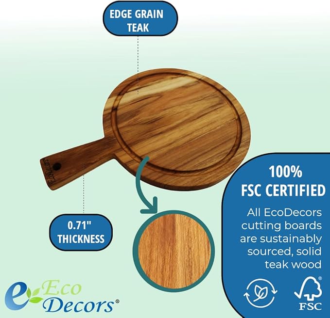 EcoDecors 14" Round Teak Cutting Board with Handle, FSC Certified Solid Wood, Edge Grain with Juice Groove, Carving Board for Kitchen & Prep