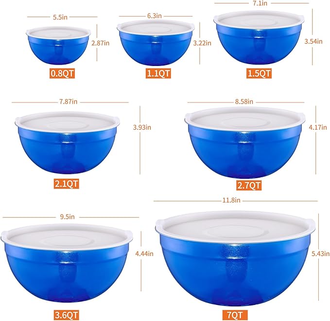 LKTDYMEG Blue Mixing Bowls with Lids Set of 7, Stainless Steel Nesting Bowl with Khaki Lid for Non-slip Mixing Prepping Storing Serving, 7 Sizes-7/3.6/2.7/2.1/1.5/1/0.8 QT