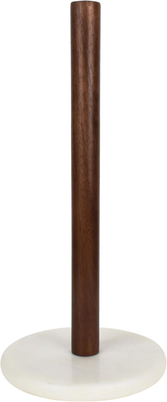 happimess PRH2000B Avery Modern Classic Wood with Non Slip Weighted Marble Base Paper Towel Holder, for Bathroom Kitchen Countertop, Standard or Jumbo-Sized Roll Paper, White/Natural