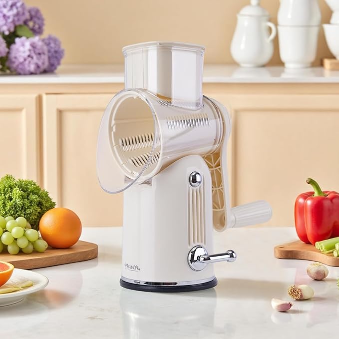 SLEEKDR 5 in 1 Rotary Cheese Grater Vegetable Slicer with Handle - Upgraded Hand Crank Cheese Grater with Handle and Strong Suction Base, Multi-Purpose Vegetable Slicer with 5 Well-Designed Blades