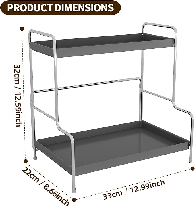 SanDream Foldable 2-Tier Bathroom Organizer Countertop & Vanity Shelf, Durable All-Iron Sink Organizer with Elegant Gray Finish, Space-Saving for Makeup, Skincare, Kitchen Storage