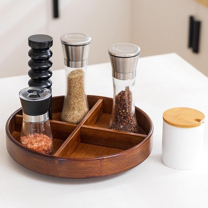 Bamboo Lazy Susan Organizer, 12'' Pantry Organizers with Removable Dividers, Rotating Spice Rack, Large Lazy Susan Turntable Organizer for Cabinet, Kitchen, Bathroom, Table