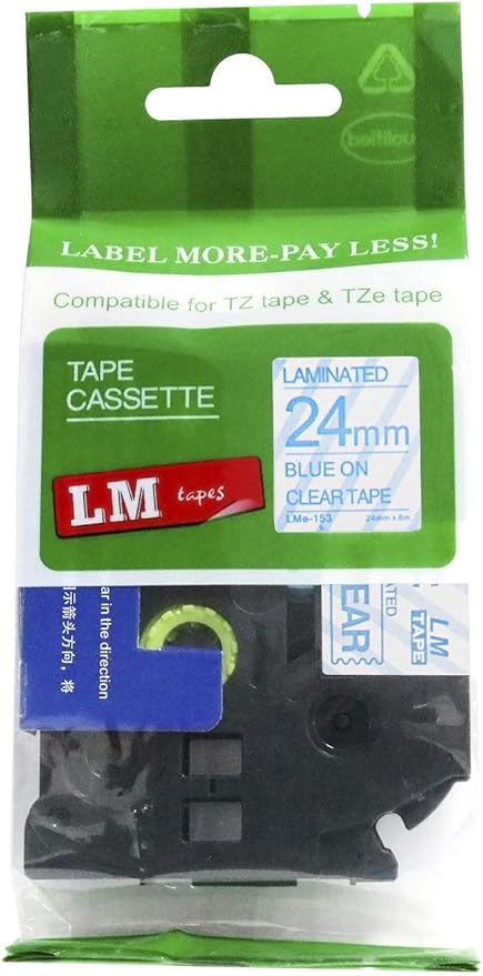 1/Pack LM Tapes - LMe153 Premium 1" Blue Print on Clear Label Compatible with Brother TZe-153 P-Touch and Includes Tape Color/Size Guide. Replaces TZ-153 24mm 0.94 Laminated Ptouch.