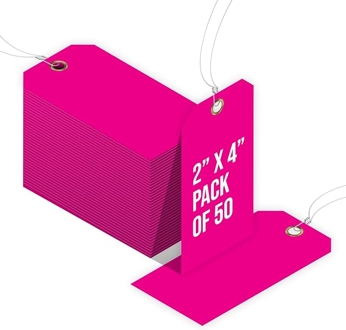 Tags 4 Less 15 Mil Blank Plastic Hang Tags with Attached Wires – 2" x 4" Heavy Duty Waterproof Hanging Labels for Outdoor Tagging, Equipment, Luggage, Valves & More (Fluorescent Pink, Pack of 50)