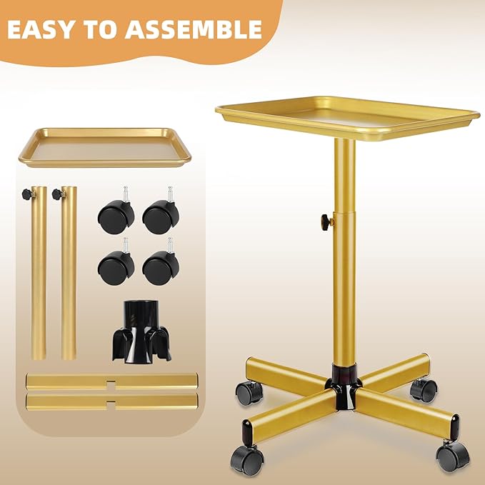 Salon Tray on Wheels Tattoo Rolling Tray Salon Service Cart Height Adjustble Hair Service Color Tray Gold