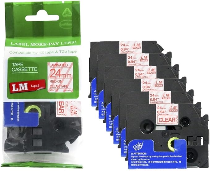 6/Pack LM Tapes - LMe-152 Premium 1" Red Print on Clear Label Compatible with Brother TZe-152 P-Touch and Includes Tape Color/Size Guide. Replaces TZ152 24mm 0.94 Laminated