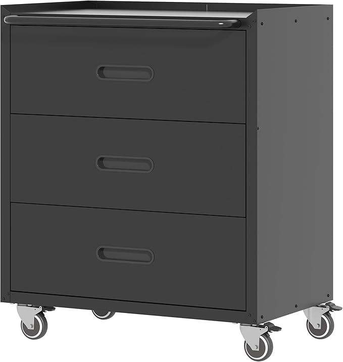 BIZOEIRON Metal Storage Cabinet with Wheels, Garage Storage Cabinet with 3 Drawers, Rolling Tool Cabinet, Assembly Required, Black