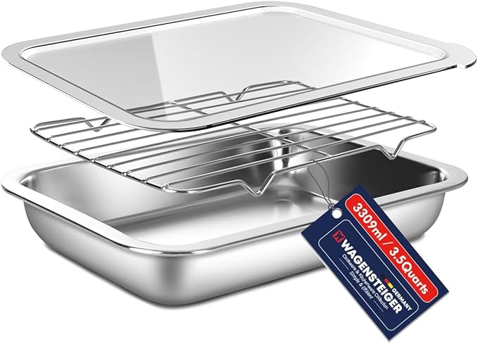 Stainless Steel Food Prep Container Set with Rack & Transparent Lid, Casserole, Bake Pan, Hotel Pan, For Deep Frying Prep/Marination/Oven Roasting/Buffet Party(No.2)