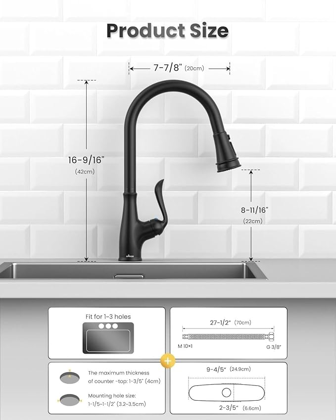APPASO Matte Black Kitchen Faucet with Pull Down Sprayer, High Arc Single Handle Faucet for Kitchen Sink with 3 Modes Spray Head, cUPC-Certified Pull-Out Hose, Water Supply Tubing & Valve