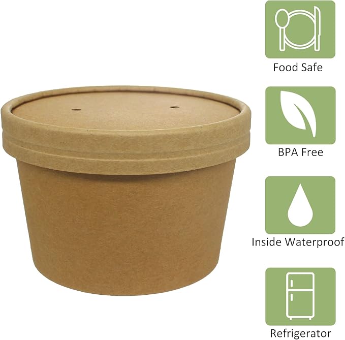 Belinlen 50 SET 8OZ Kraft Paper Soup Cups with Lids Compostable Paper Food Cup with Vented Lid, Disposable Ice Cream Cup, Great For Restaurants, Take Outs, or To-Go Lunch