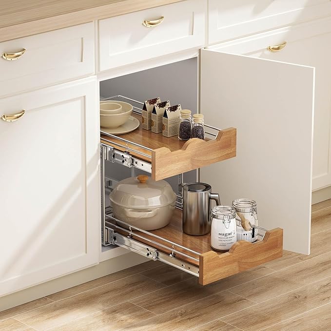 OCG Pull Out Cabinet Organizer 11" W x 21" D, 2 Tier Slide Out Shelf, Heavy-Duty Pull Out Drawer for Cabinets, Base Cabinet Organization for Kitchen, Pantry, Bathroom