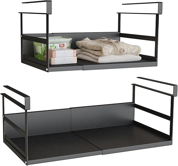 SHINEWON Expandable Under Cabinet Shelf Organizer with 1.25 Inches Thick Clips, Heavy Duty Extendable Under Shelf Storage Basket for Pantry or Laundry Room, Black, 2 Pack, Interior: 5.7" H x 8.54" D