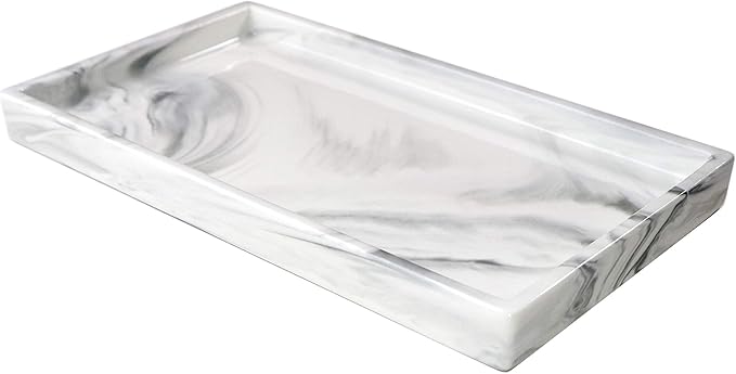 Goporcelain Marble Tray for Bathroom Counter Decor Ceramic Perfume Organizer Vanity Tray for Dresser Jewelry Dish Key Plate Rectangle Marble Sink Trays Countertop Organizer White,Large
