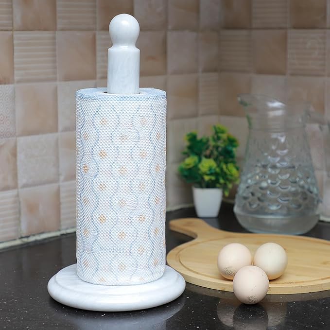 Marble Kitchen Paper Towel Rack Holder Handmade Paper Roll Holder with Stand Non-Slip - Wrapping Paper Holder for Kitchen Countertop, Cabinet & Bathrooms - Hand Towel Rack Standup Holder (White)