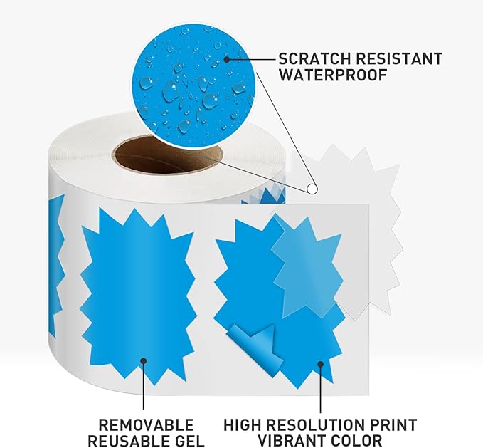 Price Tags Stickers Blue 4 x 3 Inches Self-Adhesive Large Sale Sticker Starburst Signs Removable Waterproof Labels for Retail Store Market Business 500 PCS