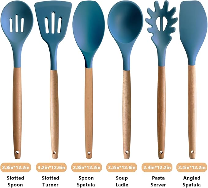 IOCBYHZ Silicone Cooking Utensils Set 6Pcs Heat Resistant Silicone Kitchen Utensils Set for Cooking Spatula Spoon Turner Ladle w Wooden Handle, BPA FREE Kitchen Gadgets for Nonstick Cookware & Baking