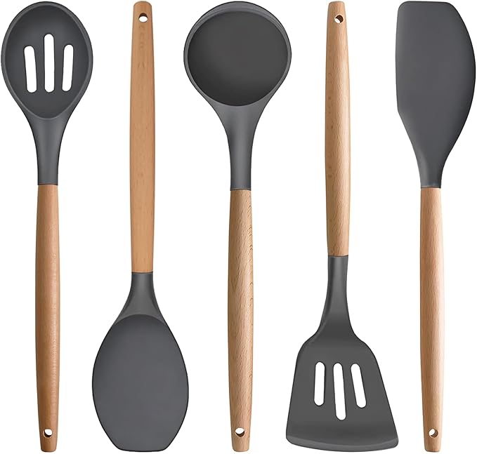 IOCBYHZ Silicone Cooking Utensils Set 5-Piece Non-Stick Kitchen Utensil Set, Wood Handle Heat Resistant Spatula Spoon Turner Soup Ladle Silicone Cooking Kitchen Gadgets BPA Free for Nonstick Cookware