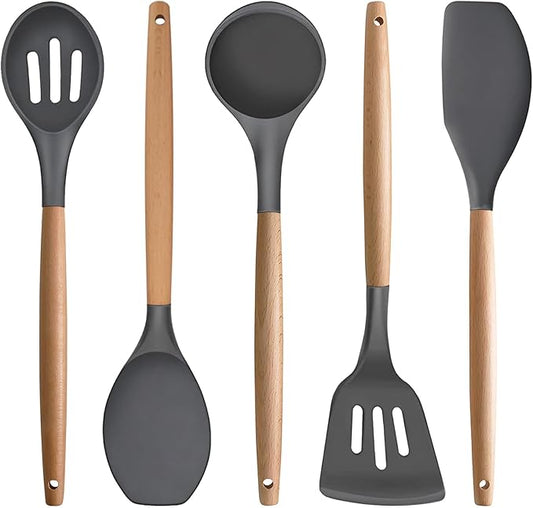 IOCBYHZ Silicone Cooking Utensils Set 5-Piece Non-Stick Kitchen Utensil Set, Wood Handle Heat Resistant Spatula Spoon Turner Soup Ladle Silicone Cooking Kitchen Gadgets BPA Free for Nonstick Cookware