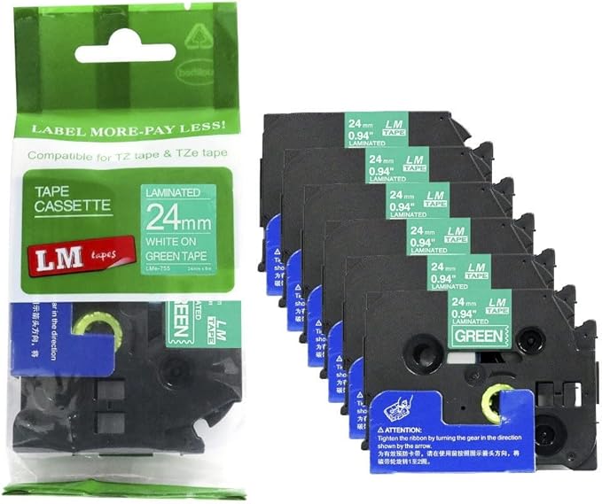 6/Pack LM Tapes - LMe-755 Premium 1" White Print on Green Label Compatible with Brother TZe-755 P-Touch and Includes Tape Color/Size Guide. Replaces TZ755 24mm 0.94 Laminated