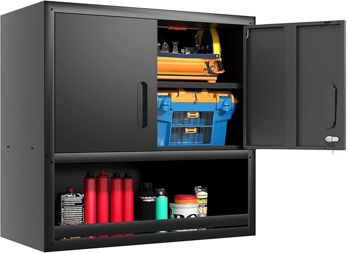 BIZOEIRON Garage Wall Cabinet with Doors and Shelves, Wall Mounted Metal Storage Cabinet with Open Storage, Lockable Hanging Tool Cabinet for Garage Utility Room, Black