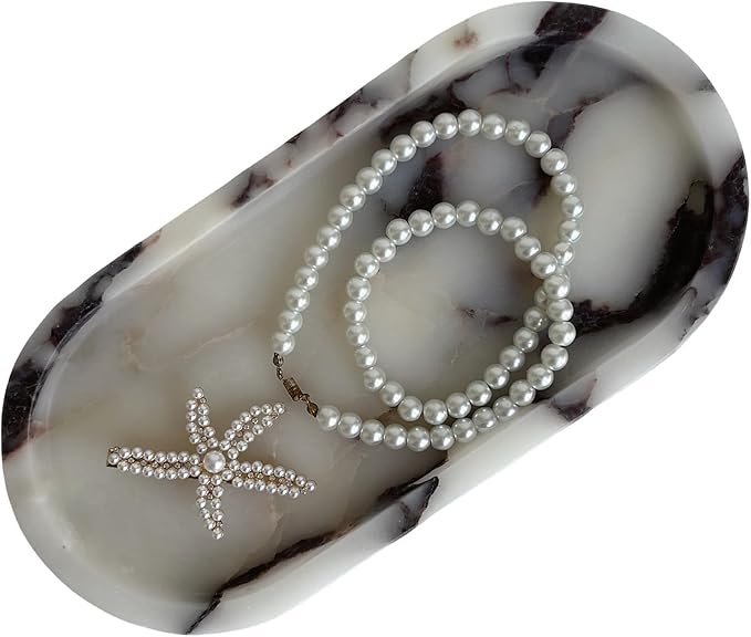 SAIDKOCC Natural Marble Oval Tray Ornaments Vintage Small Tray Storage Dish for Counter, Vanity, Dresser, Nightstand and Desk (Calacatta Purple)