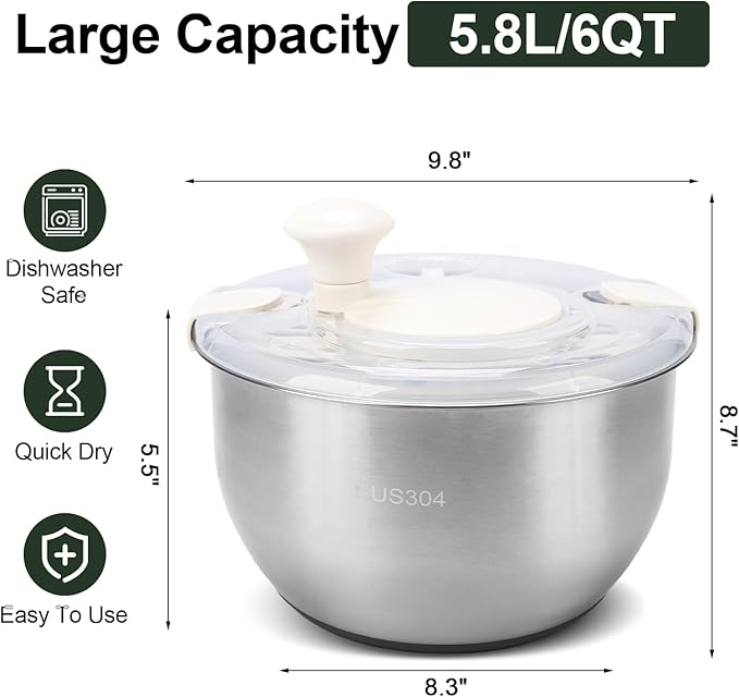 Stainless Steel Salad Spinner, Lettuce Spinner with Drain, fruit washer 6 QT with PP Cover Non-Slip Base, 3-in-1 Vegetable Wash Bowl for Dehydrating Lettuce, Fruits and Vegetables, Pasta
