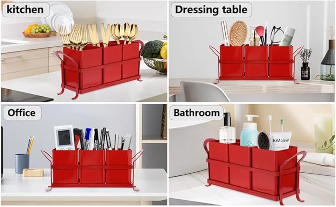 NelyBet Kitchen Utensil Holder for Countertop - Outdoor Silverware Caddy, Picnic and Camping Utensil Organizer, Flatware Holder for Party Gatherings, Metal and Durable Design (Red)