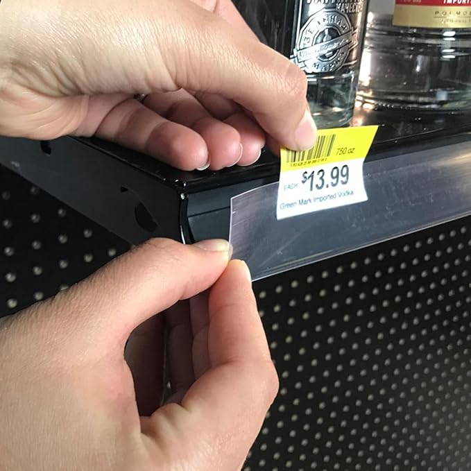 Shelf Label Strips 100 Pack Snap-in Angled 1.25”H Shelf Label Holder Strips for Metal Wood or Plastic Gondola Shelf with Price Tag Channel, PVC Plastic Clear Front/Black Back Strip for 36” Long Shelf