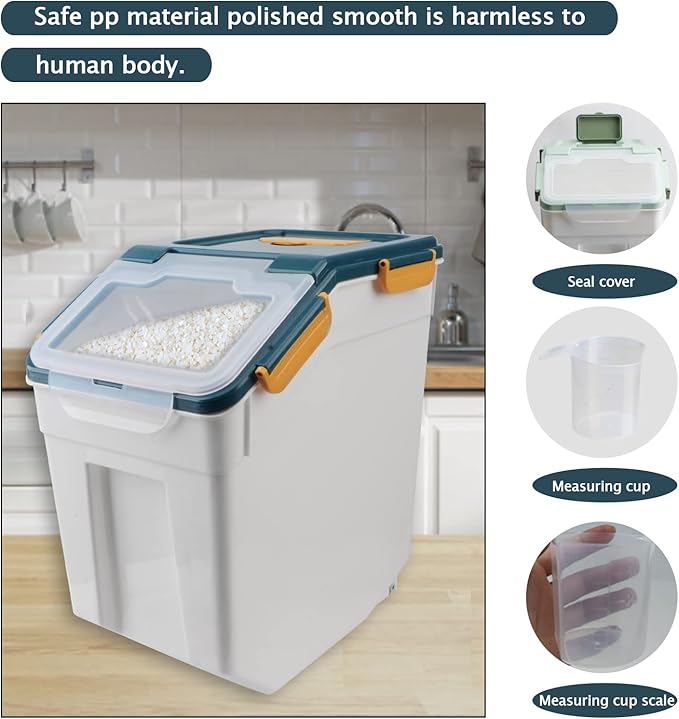 Saim Rice Storage Container 25lbs, 2 Pack Flour Bin with Measuring Cup & Scoop, BPA Free Rice Dispenser, Cereal & Dog Food Containers, Kitchen Organizer for Dry Beans, Oatmeal and Grains - Dark Blue