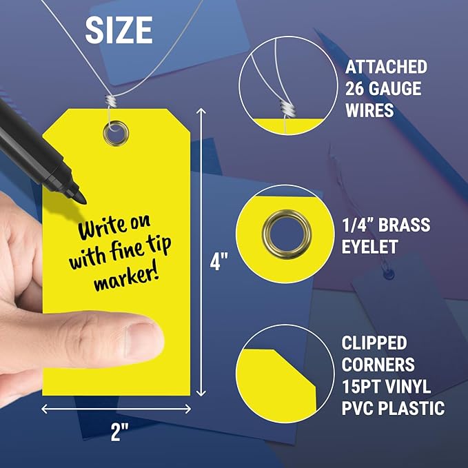 Tags 4 Less 15 Mil Blank Plastic Hang Tags with Attached Wires – 2" x 4" Heavy Duty Waterproof Hanging Labels for Outdoor Tagging, Equipment, Luggage, Valves & More (Yellow, Pack of 50)