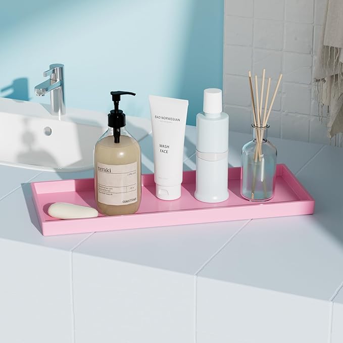 Mriluvy Vanity and Bathroom Tray, 15" ABS Countertop Organizer,Waterproof Vanity Tray for Toilet Tank,Perfume,Soap,Keys,Bathroom Accessories,Kitchen and Bath Trays,Non Slip Small Trays,Pink