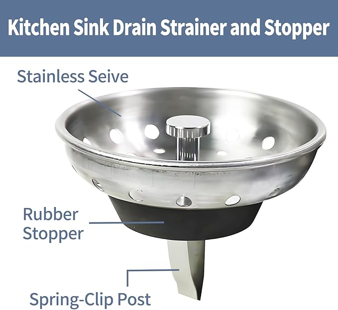 2 Pack Sink Drain Strainer, Kitchen Sink Drain Strainer And Stopper Combo Basket Spring Clip Replacement for Standard 3-1/2 inch Drain, Stainless Steel Basket with Knob, Rubber Stopper Bottom