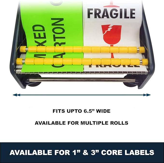 MDJ by Excell Manual Label Sticker Dispenser with 4 Suction Cups Base for Tabletop, Adjustable holder for multiple rolls for Office, Home, School, Warehouse, Easy Peel Off, Fits up to 6.5" Wide Labels
