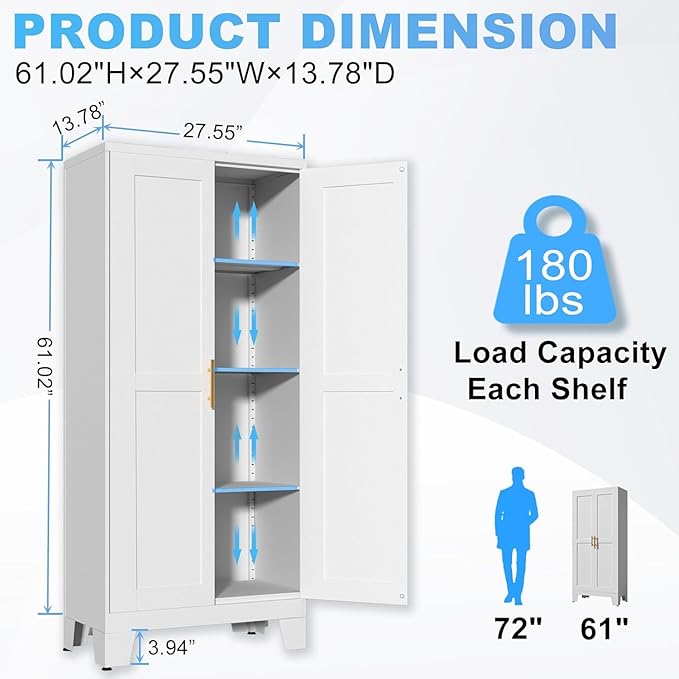 erosoei 61.02”H Pantry Storage Cabinet, Kitchen Storage Cabinets with Adjustable Feet and Shelves, Metal Pantry Cabinet for Kitchen, Living Room, Laundry Room and Dinning Room (2door-White)