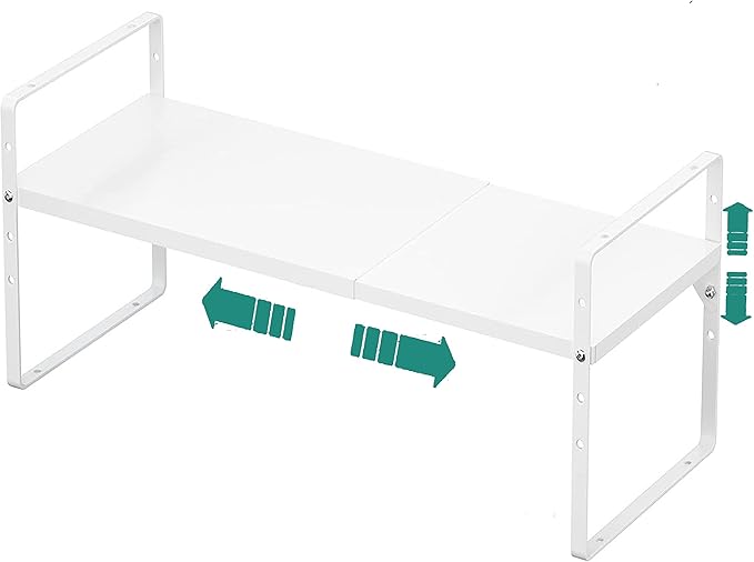 SUZLON Expandable Cabinet Shelf Organizer Rack, Stackable Kitchen Counter Storage Shelves Stand, Adjustable Height Pantry Shelf Spice Rack, Heavy Duty Nonslip White Large 1Pack