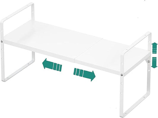 SUZLON Expandable Cabinet Shelf Organizer Rack, Stackable Kitchen Counter Storage Shelves Stand, Adjustable Height Pantry Shelf Spice Rack, Heavy Duty Nonslip White Small 1Pack