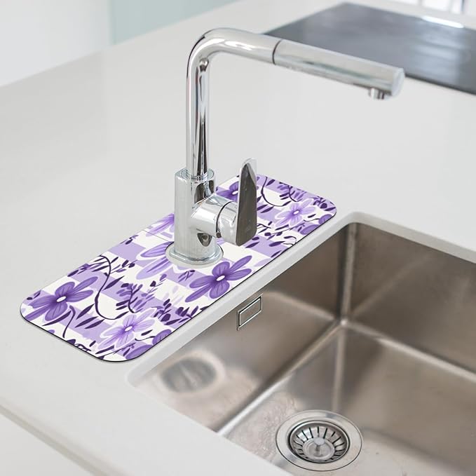 Purple Floral Stripe Kitchen Faucet Mat Splash Guard, 15.4”x5.7” Absorbent Quick Drying Sink Mat for Countertop Protection, Draining Mat Sink Protectors For Kitchen Bathroom, 1 Pack