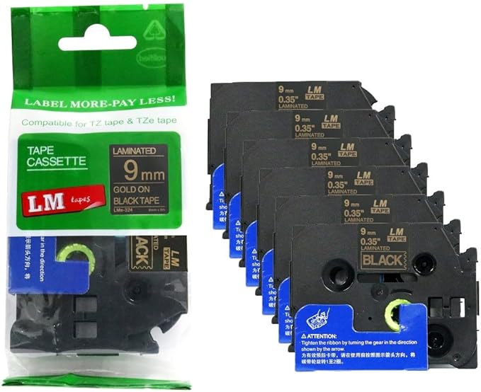 6/Pack LM Tapes - LMe-324 Premium 3/8" Gold Print on Black Label Compatible with Brother TZe324 Tape and Includes Tape Color/Size Guide. Replaces TZ-324 9mm 0.35 Laminated.