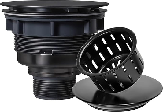 Strictly Sinks Sink Drain Strainer with Removable Basket - 3-1/2 Inch Stainless Steel Round Kitchen Sink Drain Assembly Kit with Deep Strainer Basket & Flat Cover Lid (Black)