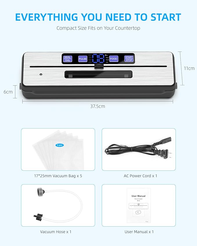 Vacuum Sealer Strong Vacuum Sealer with 6 Modes, Vacumm Sealer with Removable Drip Tray, Cutting Blade and Two Heating Wires
