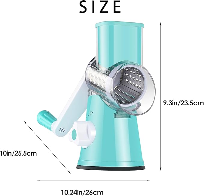 Ancevsk Cheese Grater Hand Crank, Rotary Vegetable Shredder with Handle and Strong Suction base, 3 in 1 Kitchen Speed Spin Veggie Slicer Nut Grinder for Pizza Top, Hash brown, Salad and More (Blue)