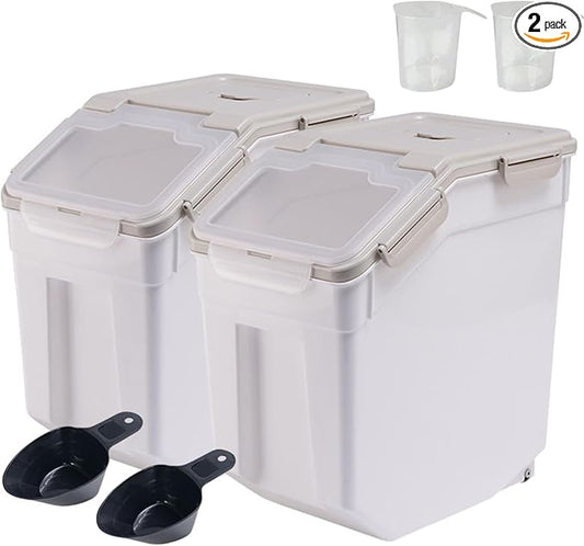 PENCK Large Flour Storage Container 20lbs (2 Pack) - 25lb Rice & Food Dispenser with Locking Lid, Measuring Cup & Scoop - Kitchen Pantry Organizer for Cereal, Grain(Grey)