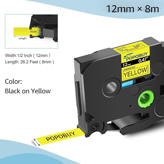 TZ TZe 12mm 0.47 Laminated Yellow Tape Compatible for Ptouch TZ631 TZ-631 TZe-631 TZe631 Label Tape for PTD210 PTD400 PTD220 PTH110 Label Maker, 5 Pack Black on Yellow