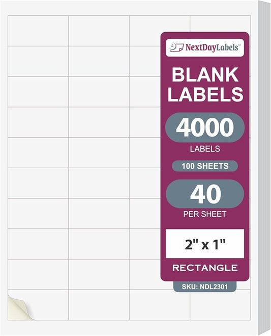 NextDayLabels 2x1 Inch Rectangle Stickers White Blank Labels for Laser Inkjet Printer - 40 Per Sheet Self-Adhesive Address Mailing Name Tags Made in USA - 4000 Labels