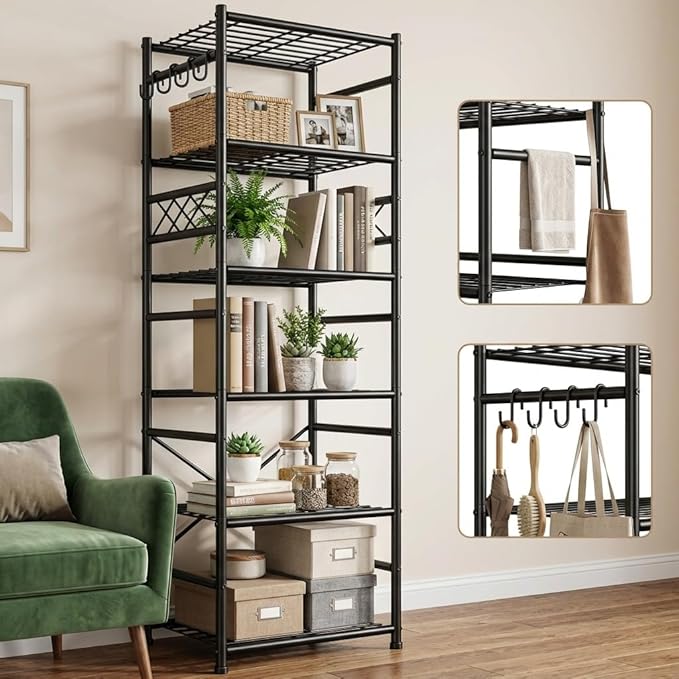 Storage Shelves-6 Tier Metal Shelving Unit with Hooks,Heavy Duty Garage Shelving with Leveling Feet,High Standing Shelf Organizer for Kitchen Pantry Bathroom Dorm,17.7”W×11.8”D ×72.2”H,Black