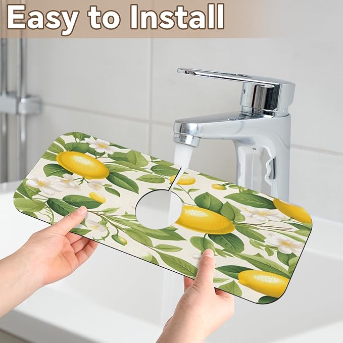 Lemon Blossom Pattern Kitchen Faucet Mat Splash Guard, 15.4”x5.7” Absorbent Quick Drying Sink Mat for Countertop Protection, Draining Mat Sink Protectors For Kitchen Bathroom, 1 Pack