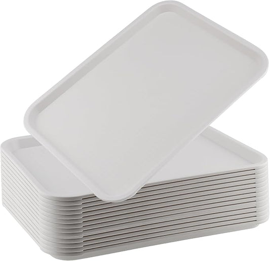 ZOENHOU 14 Pack Fast Food Tray, 16 x 12 Inch Rectangular Plastic Cafeteria Serving Trays for Food, White